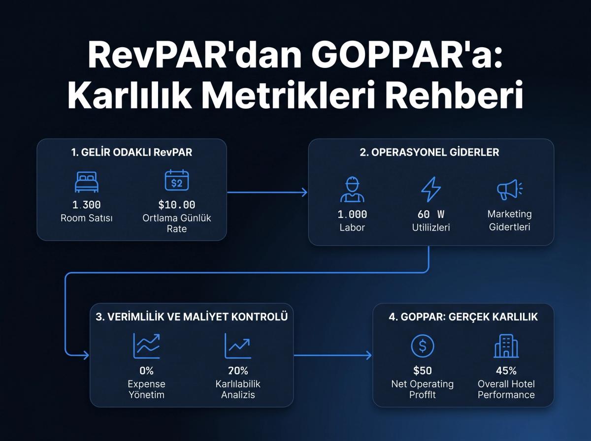 Bir otelin genel müdürü veya gelir yöneticisi, ofisinde dizüstü bilgisayar başında odaklanmış bir şekilde çalışıyor. Bilgisayar ekranında, segment bazında GOPPAR performansını karşılaştıran bir rapor görünüyor. Ortam profesyonel ve veri odaklı bir karar anını yansıtıyor.