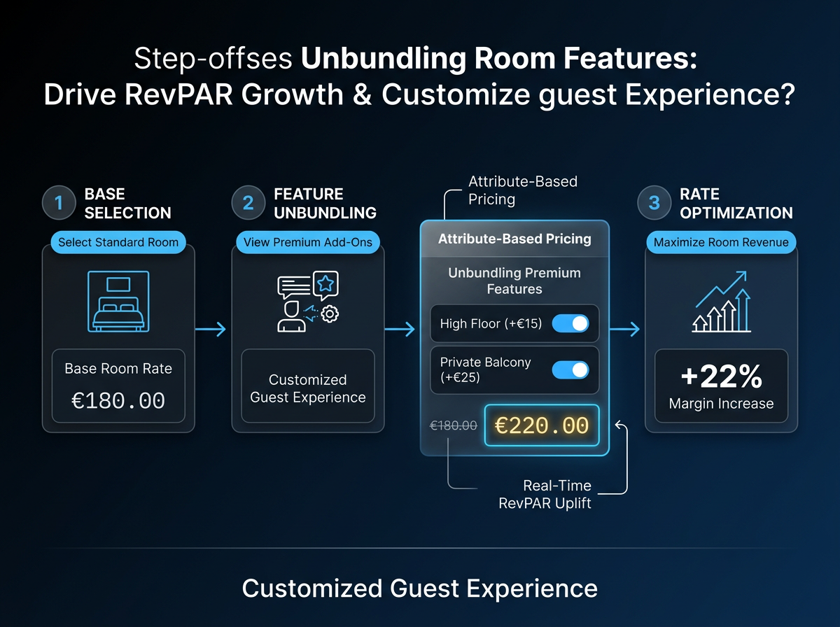 A close-up mock-up of a hotel booking engine screen showcasing Attribute-Based Pricing (ABP), with selectable add-ons like 'High Floor (+€15)' and 'Balcony (+€25)'.