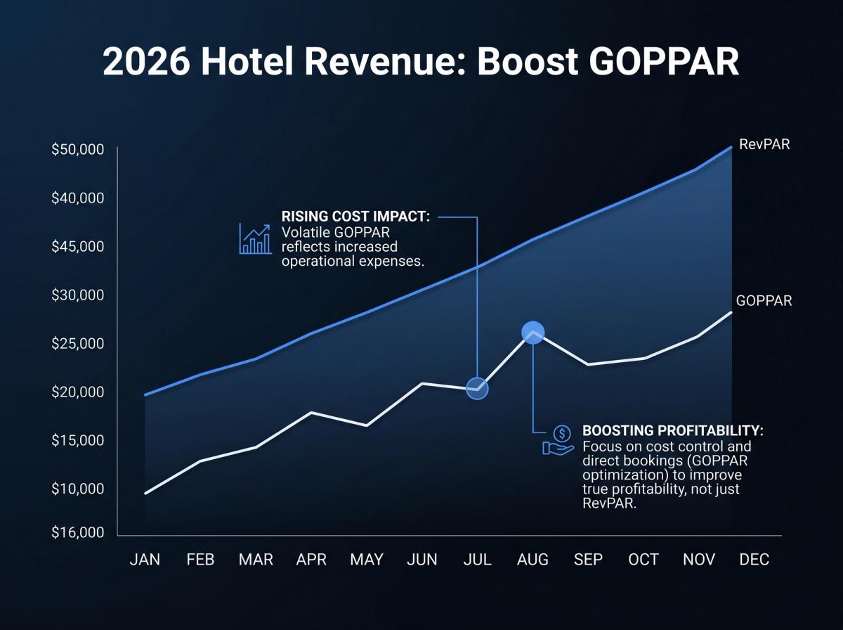 A clean, simple line chart showing two lines over a 12-month period. One line, labeled 'RevPAR,' shows steady growth. The second line, labeled 'GOPPAR,' shows slower, more volatile growth, illustrating the impact of rising costs.