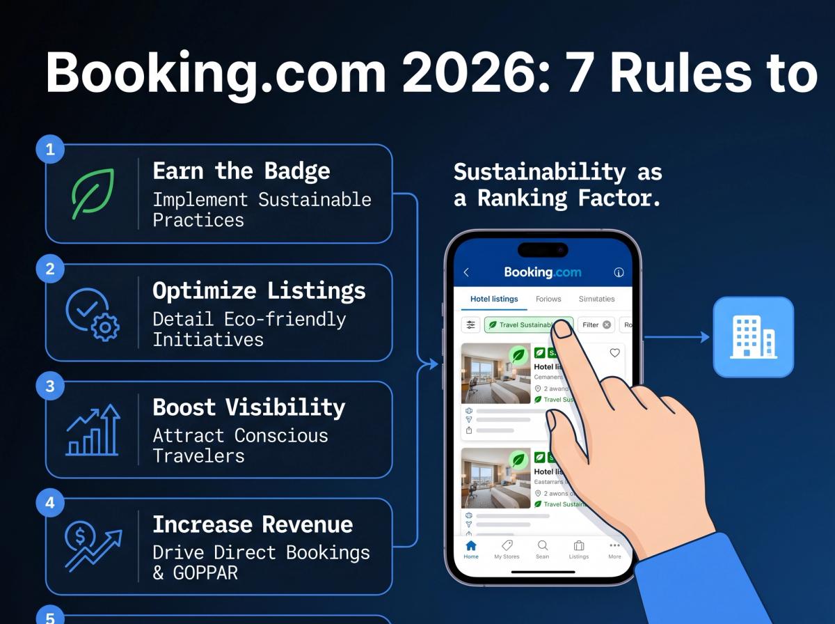 A close-up shot of a smartphone screen showing the Booking.com app. The user is tapping a 'Travel Sustainable' filter, and hotel listings with green leaf badges are highlighted.