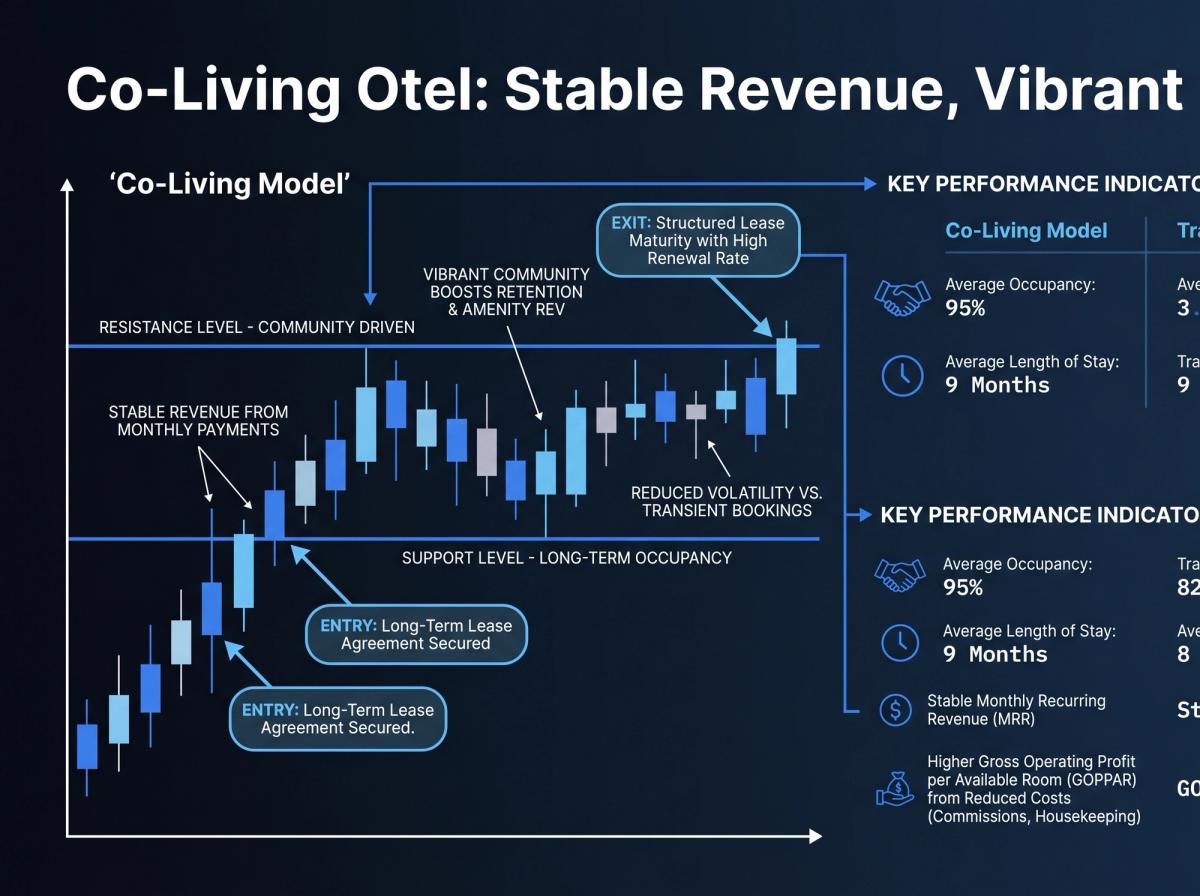 A simple infographic or chart comparing two scenarios: 'Transient Model' vs. 'Co-Living Model.' It should show metrics like Revenue, Commission Costs, Housekeeping Costs, and final GOPPAR, visually demonstrating the profitability of the co-living model.