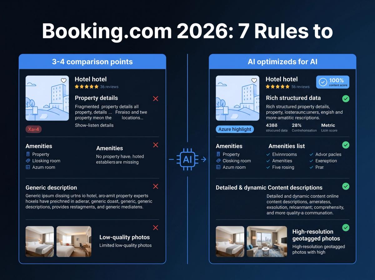 A split-screen image. On the left, a cluttered, incomplete hotel listing. On the right, the same listing, but clean, complete, and with a high content score badge. A stylized AI icon sits in the middle, pointing to the right-side image.