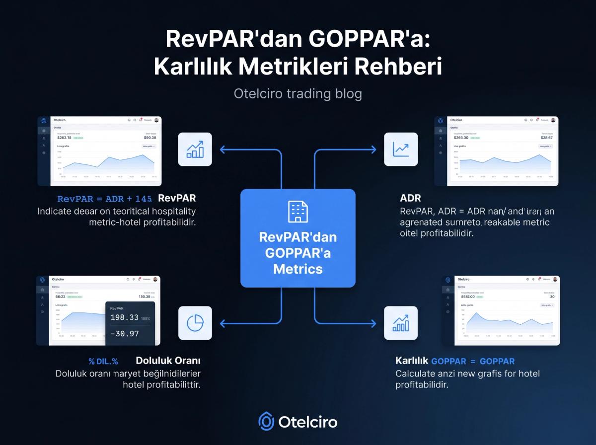 Otelciro PMS arayüzünün yakın plan bir ekran görüntüsü. Ana dashboard'da günlük, haftalık ve aylık RevPAR, ADR ve Doluluk Oranı metriklerini gösteren canlı grafikler ve sayılar net bir şekilde görülüyor.