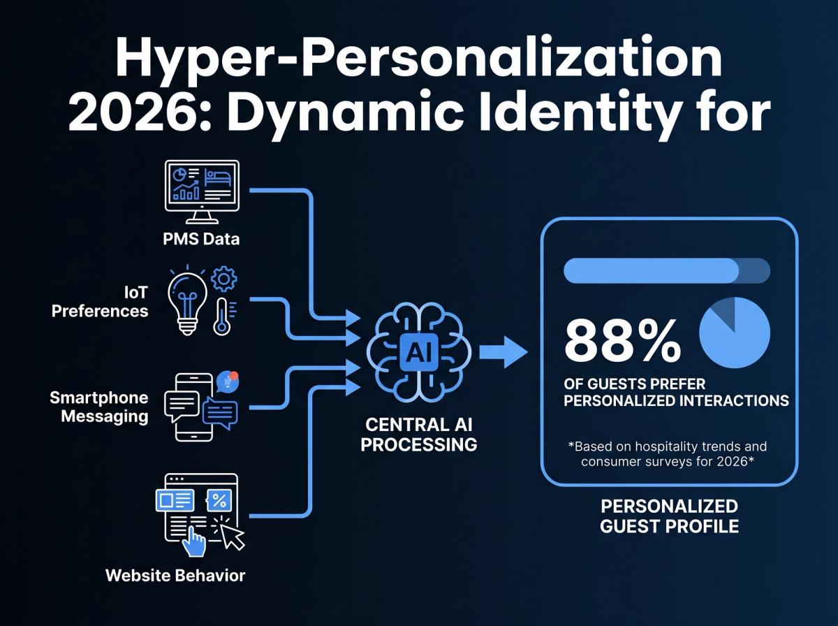 A conceptual diagram showing various data sources (PMS icon, IoT lightbulb, smartphone message bubble, website cursor) flowing into a central AI brain icon, which then outputs a personalized guest experience icon.