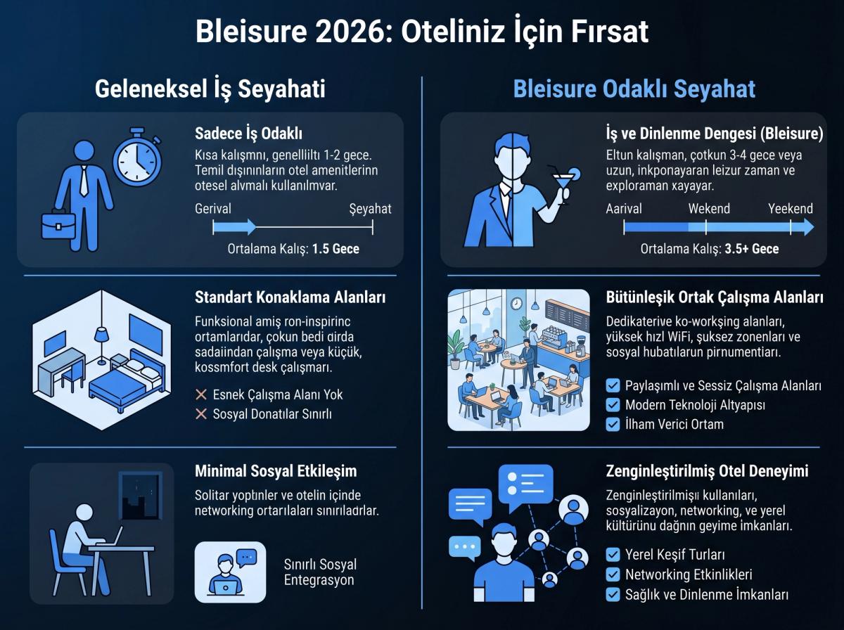 Bir otelin ortak çalışma (co-working) alanının fotoğrafı. Farklı masalarda çalışan birkaç kişi, ortada bir kahve istasyonu ve sessiz bir ortam. Modern ve işlevsel bir tasarım.