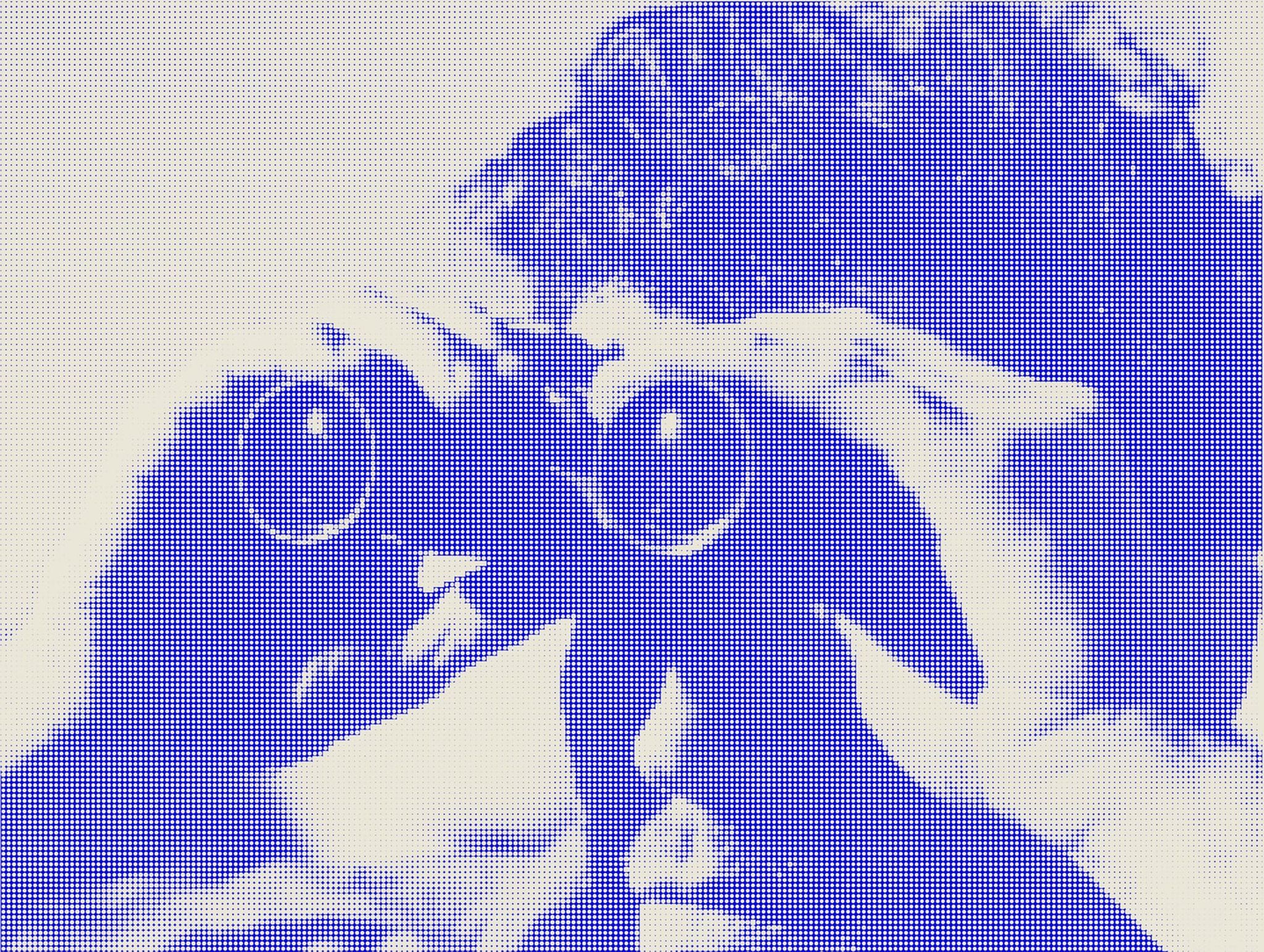 A person looking through binoculars, rendered in halftone dots.
