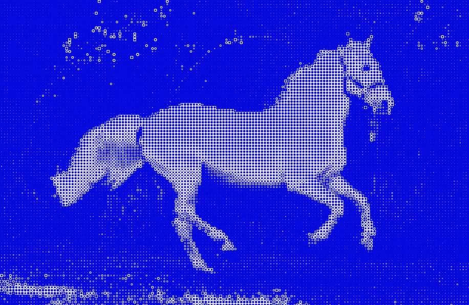 A horse at full gallop, rendered in halftone dots.