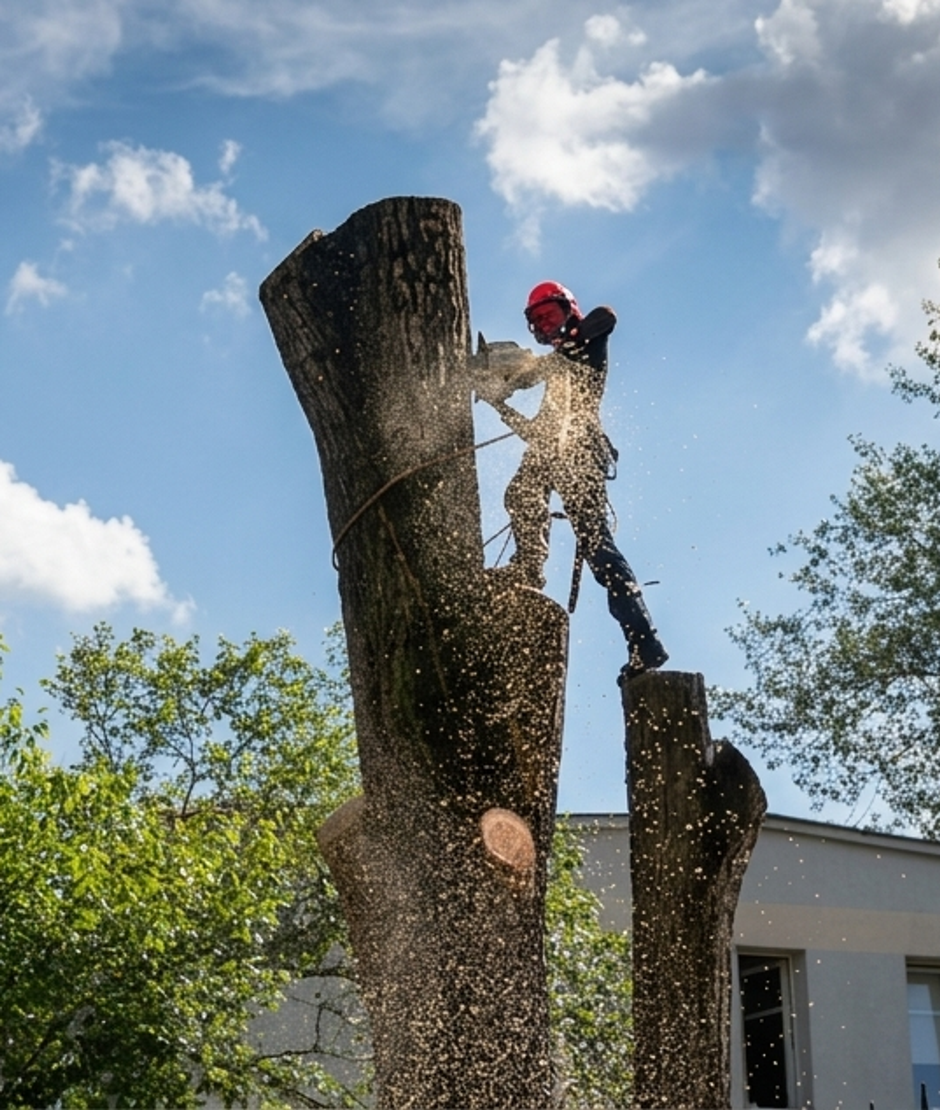 Arborysta ścinający pień drzewa sekcjami przy zabudowie