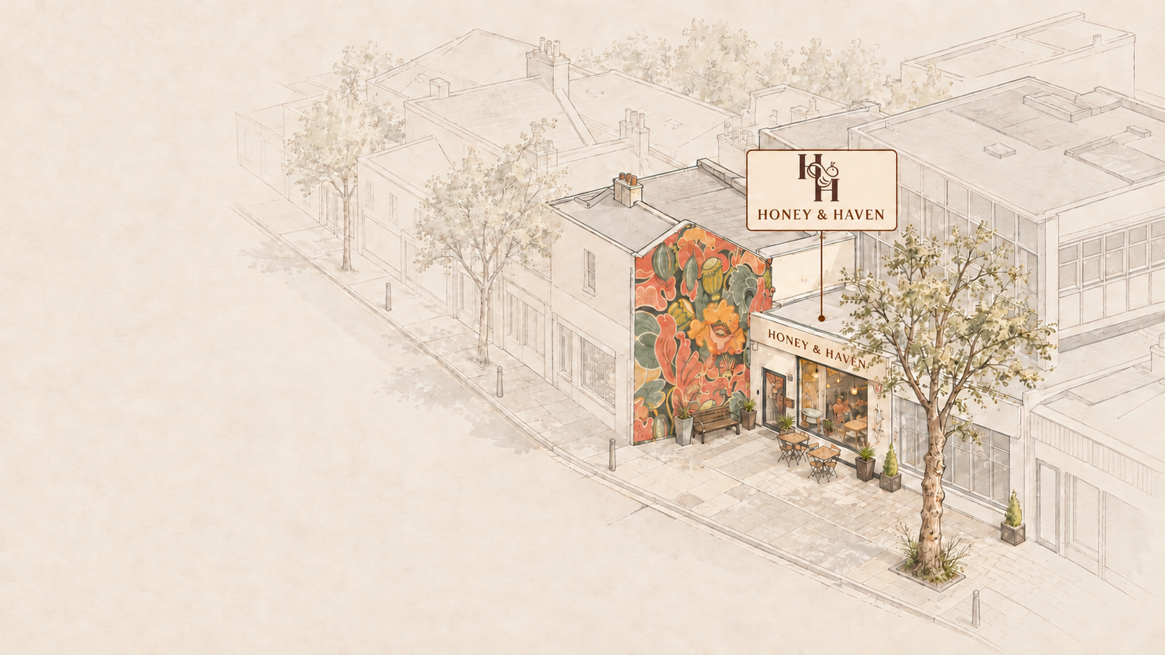 Illustration of Honey & Haven’s shopfront on The Parade in Oadby, with tables outside and a mural on the wall