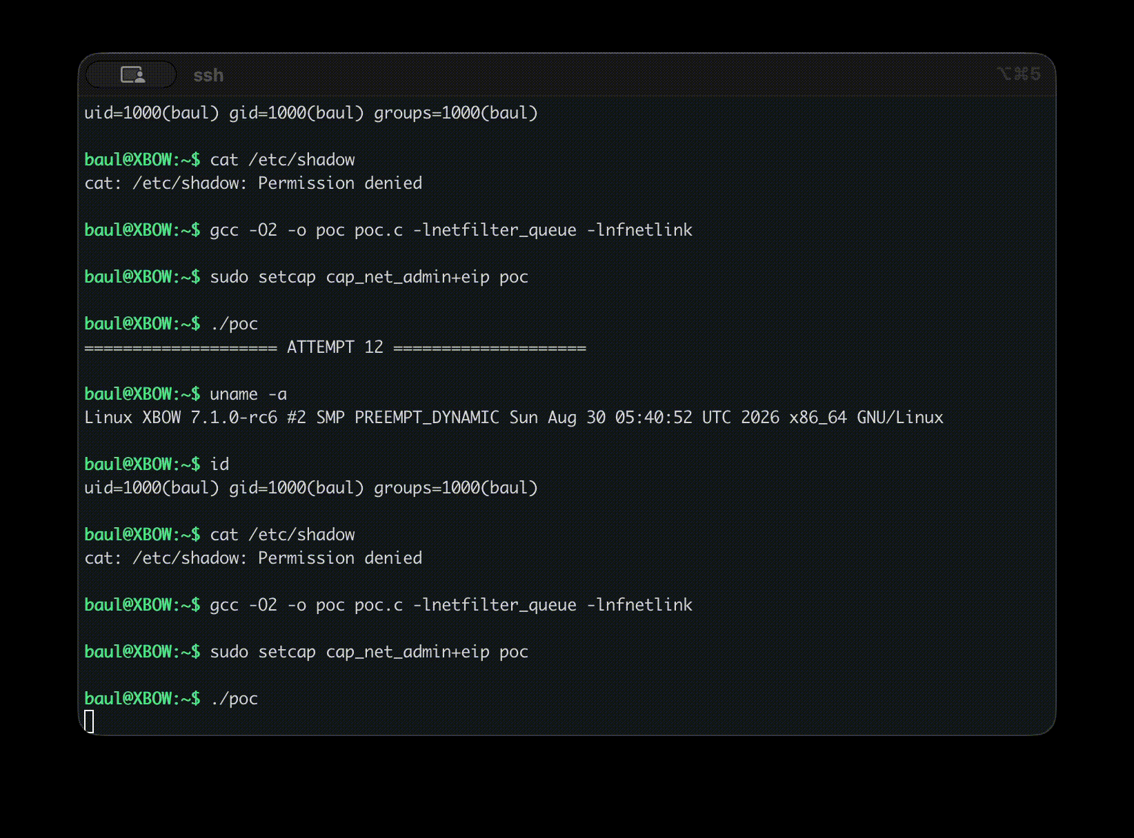 The exploit reaching a shell as root (uid=0).