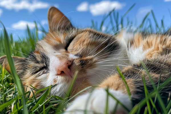 natsu_1978_39003_A_calico_cat_lying_on_green_grass_with_a_blue__a6074fe5-0be5-4dc0-a99a-7996162eb534.png