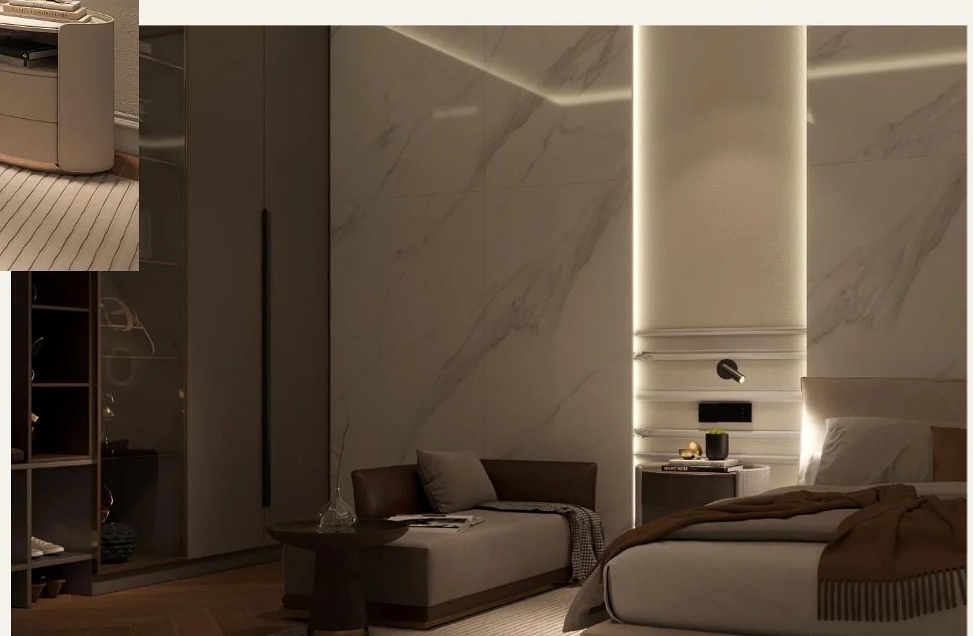 Layered lighting and material detail in the villa bedroom