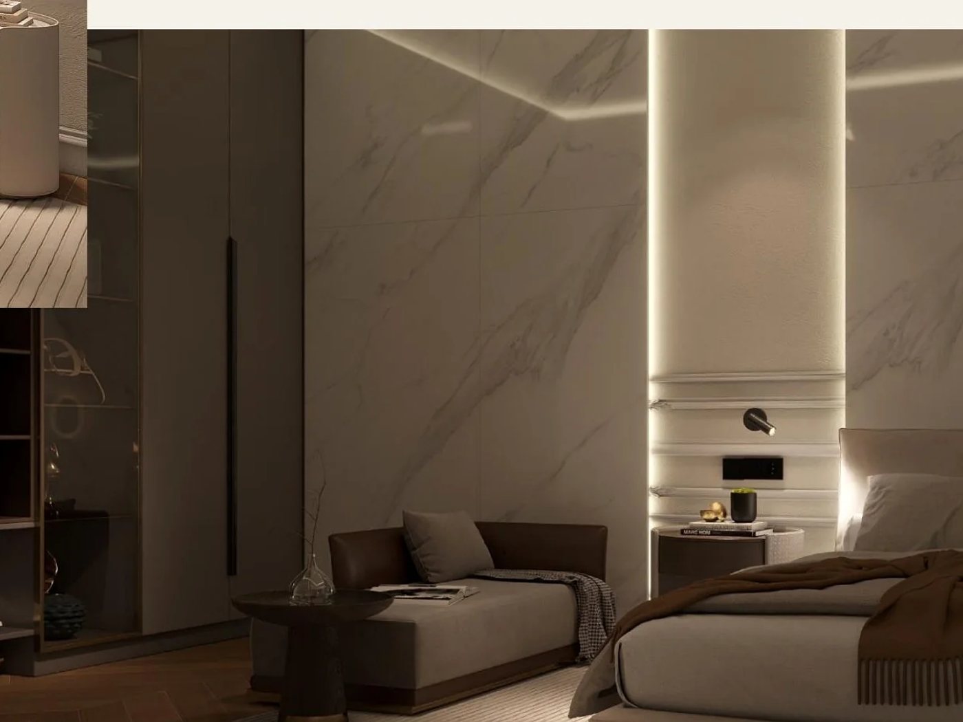 Layered lighting and material detail in the villa bedroom