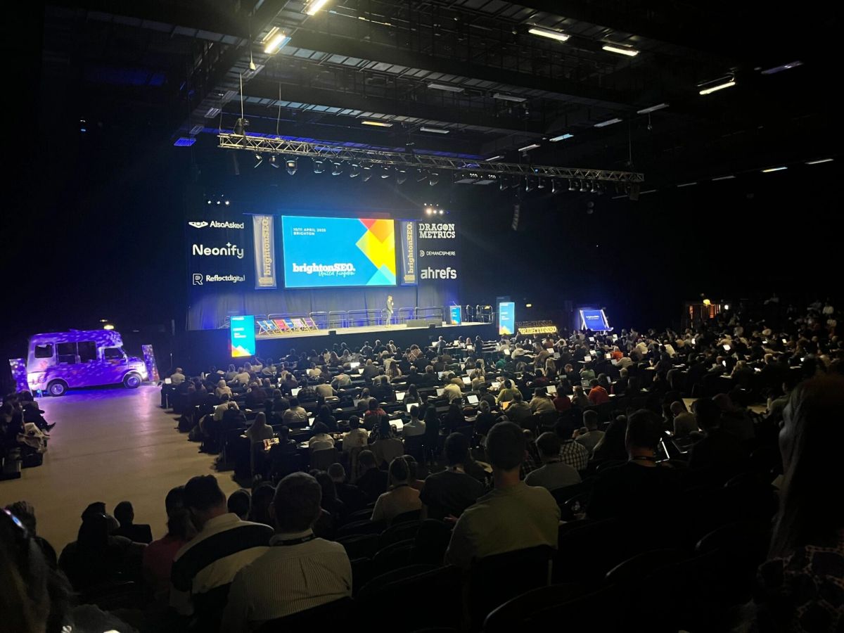 Main hall audience during a talk at brightonSEO April 2025