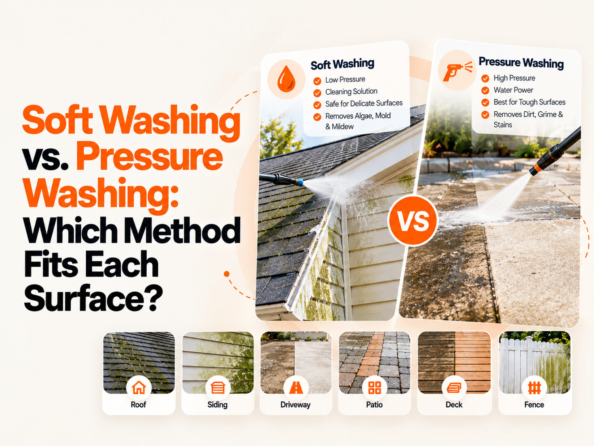 Soft Washing vs. Pressure Washing: Which Method Fits Each Surface?
