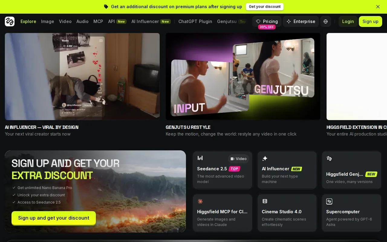 Screenshot of the Higgsfield AI website