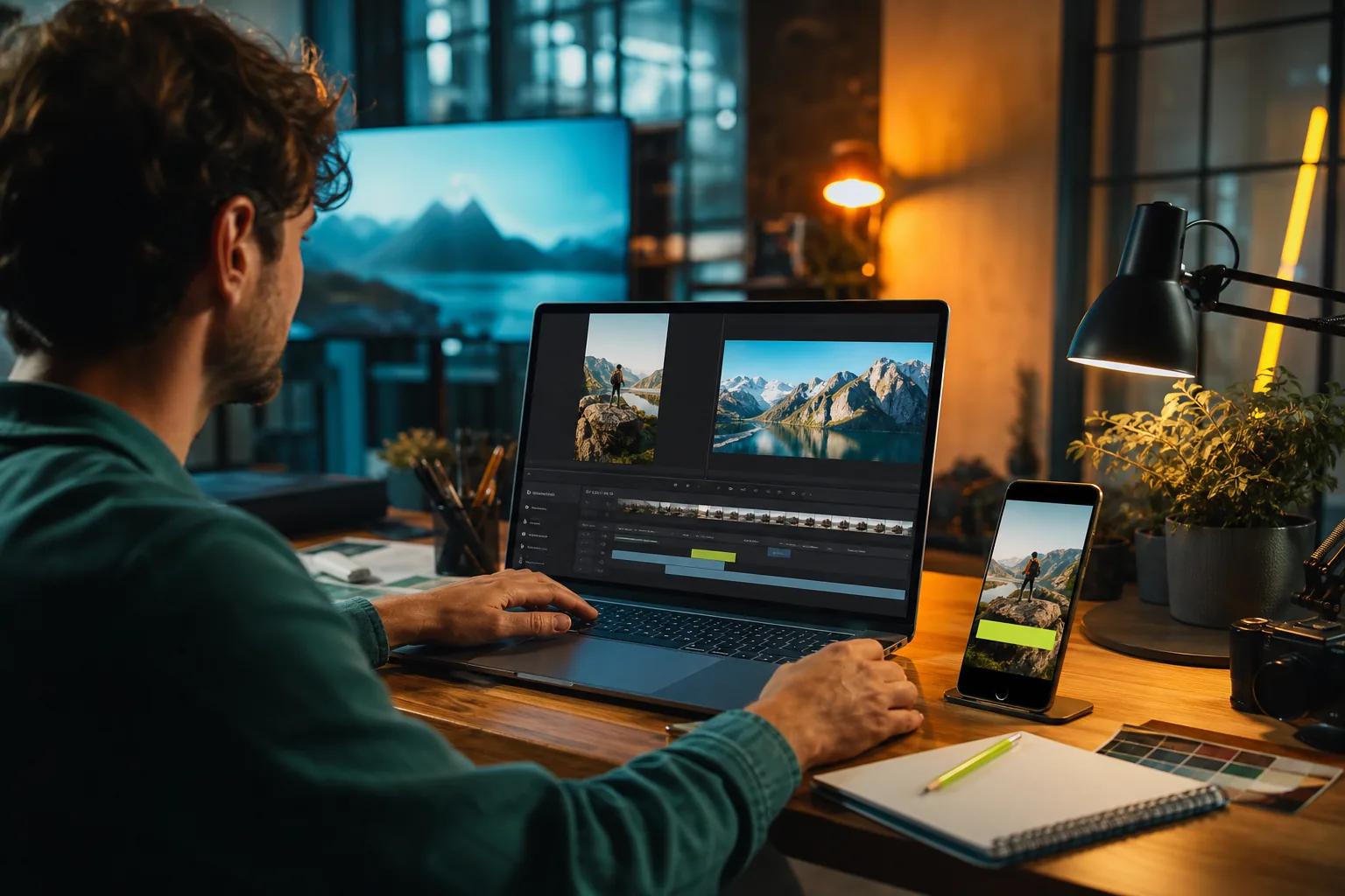 Editing an AI video for vertical or widescreen platforms with captions and brand elements.
