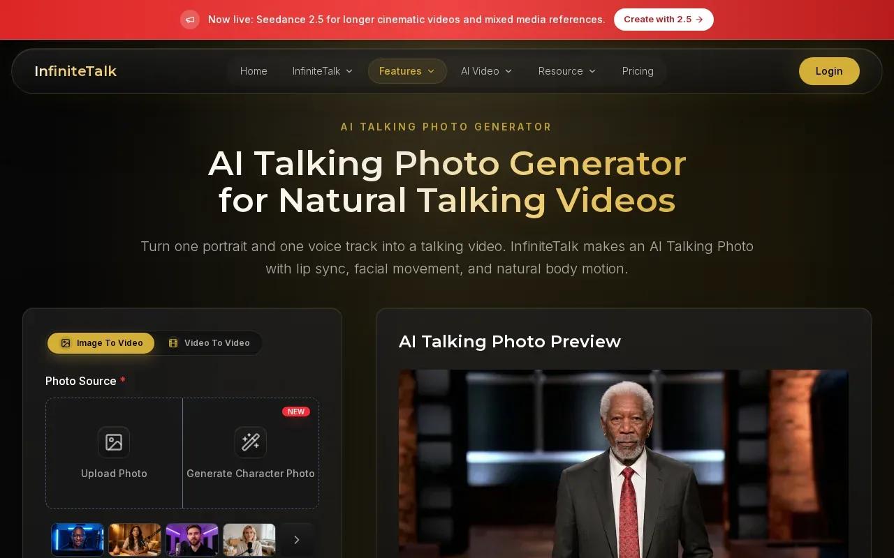 Screenshot of the InfiniteTalk AI Talking Photo Generator website