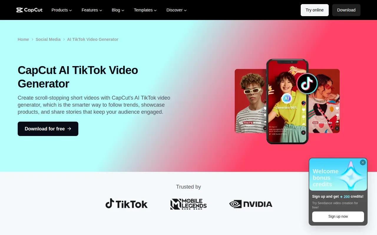 Screenshot of the CapCut website