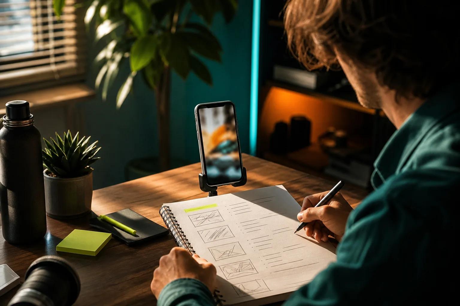 Creator planning a social media video with a shot list and phone.