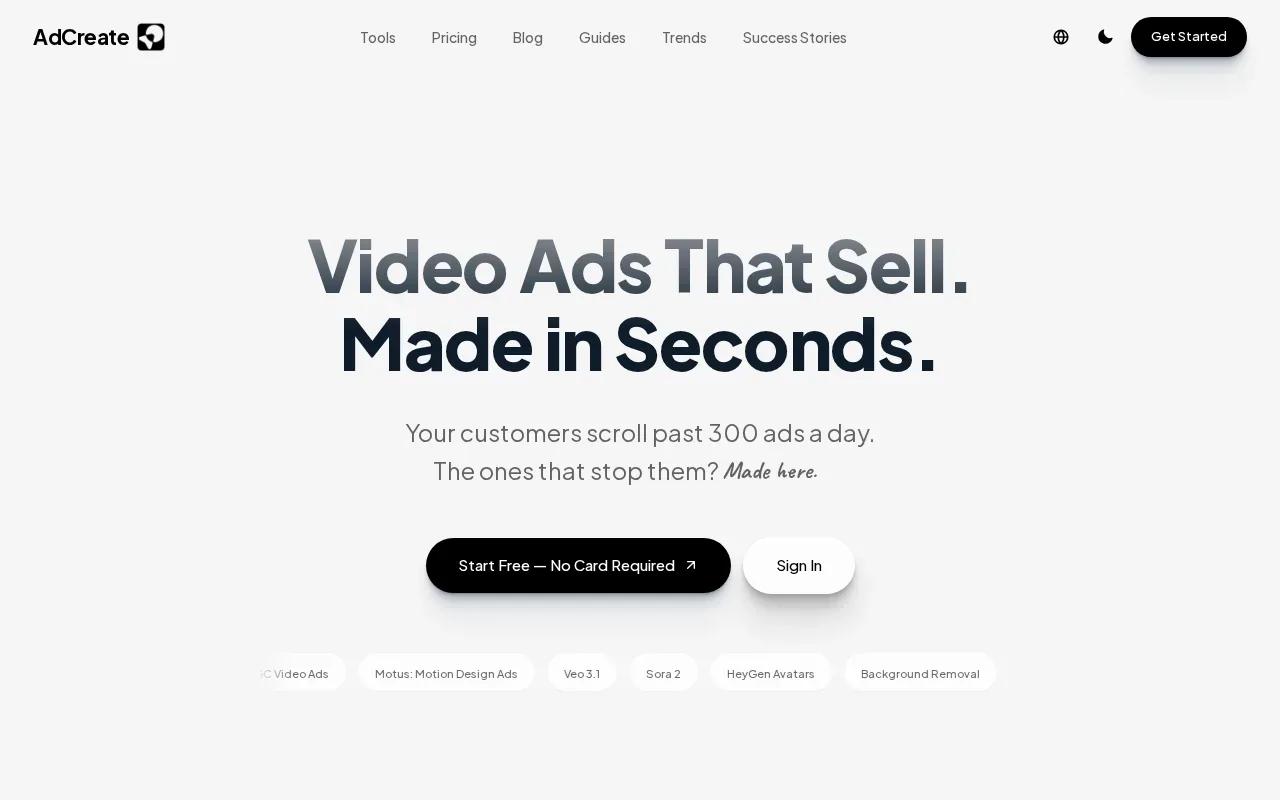 Screenshot of the AdCreate website