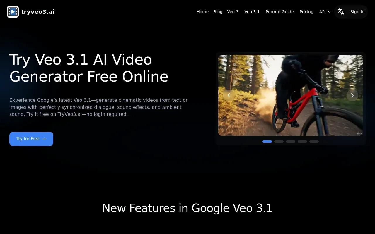 Screenshot of the Veo 3.1 Video Generator by TryVeo3.ai website