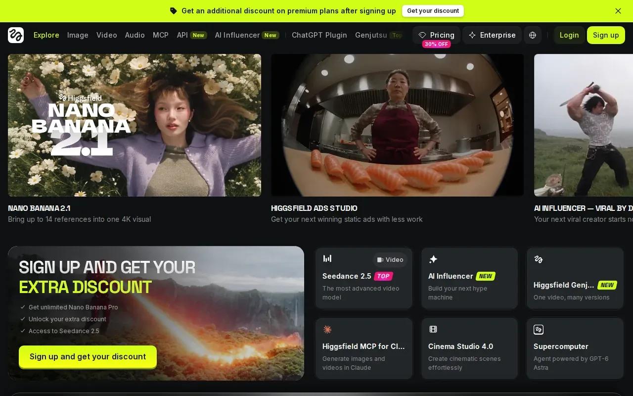 Screenshot of the Higgsfield AI website