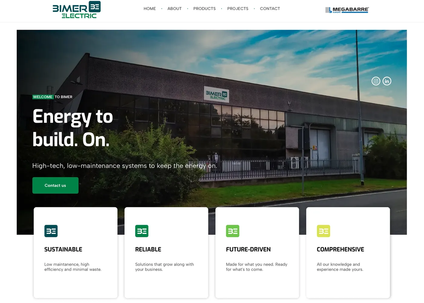 Hero do site Bimer Electric com a imagem da fachada da fábrica