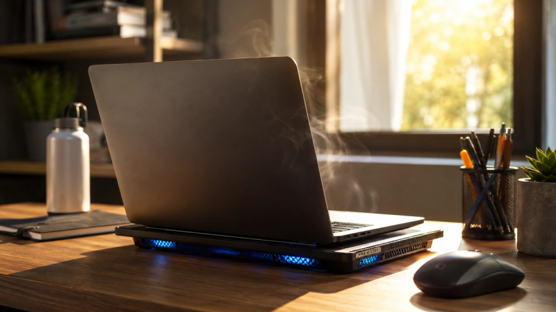 Laptop with cooling fan on a desk in a sunlit Orlando living room
