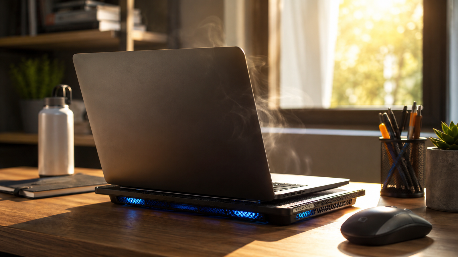 Laptop with cooling fan on a desk in a sunlit Orlando living room