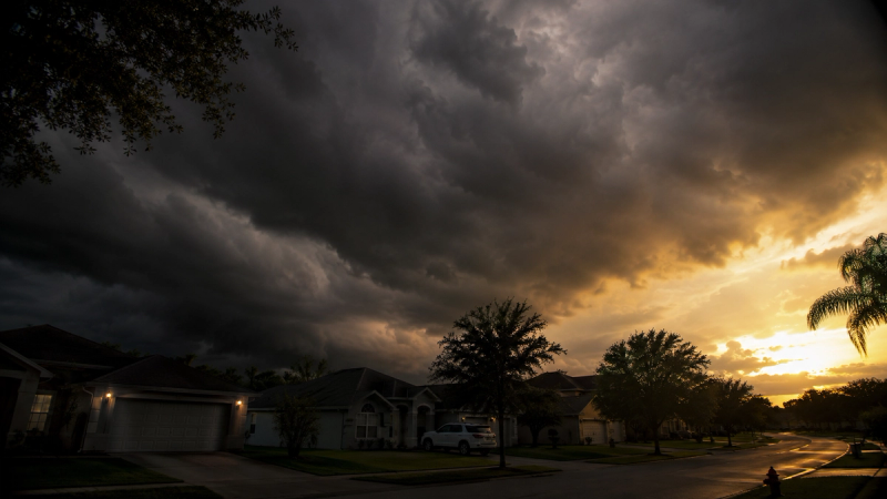 Storm clouds rolling over an Orlando neighborhood at dusk