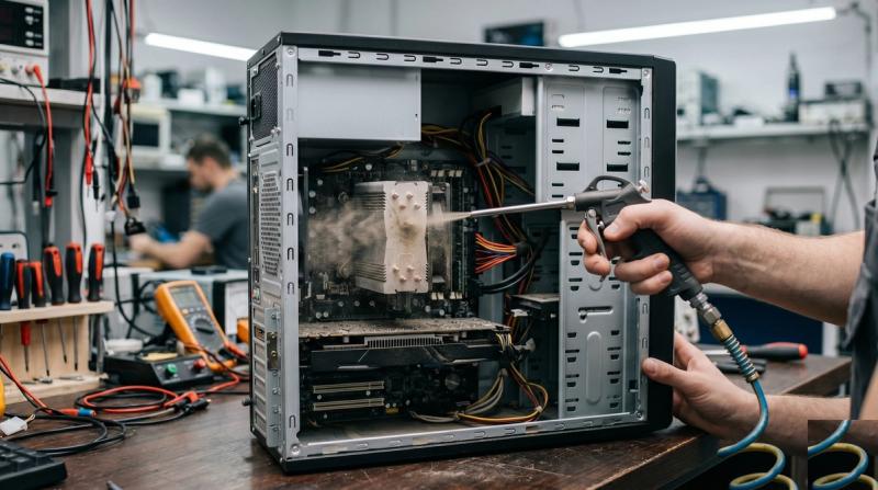 A technician holding a compressed air gun and blowing dust off the CPU cooler inside an open desktop PC case on a repair bench, with heavy dust visible on the graphics card below.