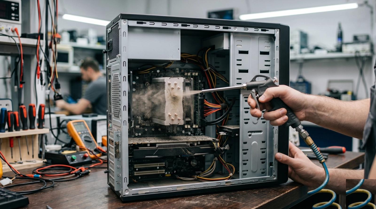 A technician holding a compressed air gun and blowing dust off the CPU cooler inside an open desktop PC case on a repair bench, with heavy dust visible on the graphics card below.
