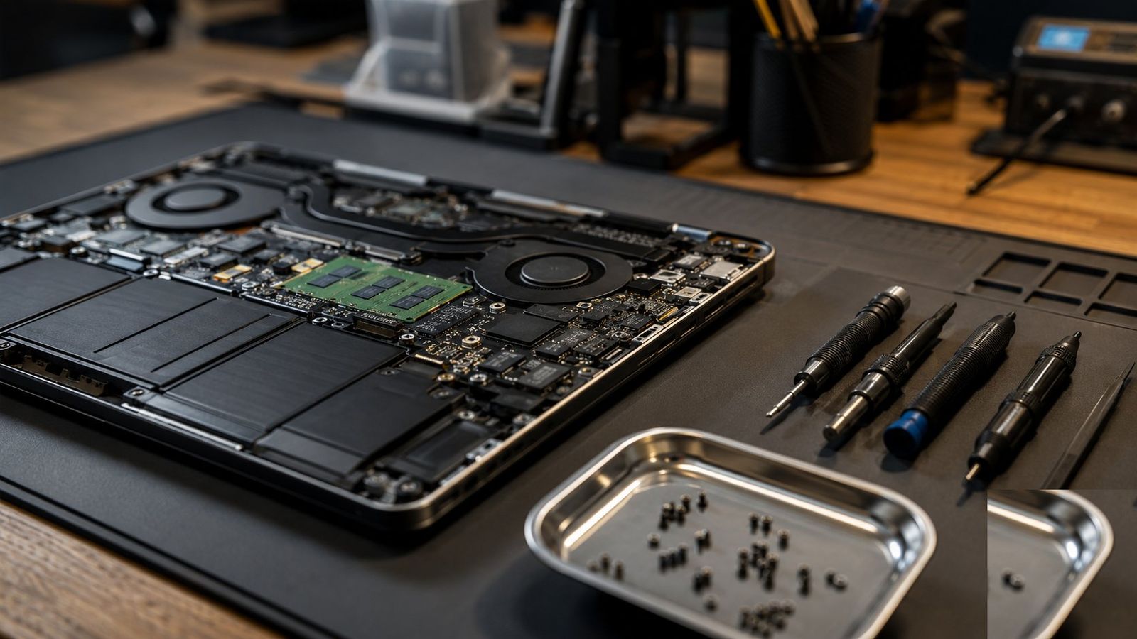 Open laptop on a clean repair workbench with precision screwdrivers, magnetic parts tray, and tiny screws, in a Tech Forge Orlando workshop