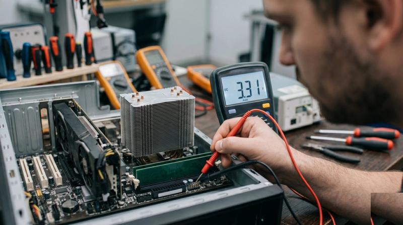 A technician at a repair bench probing an open desktop PC motherboard with a multimeter that reads 3.31 volts DC, with the CPU cooler, graphics card, and memory slot visible in the case and screwdrivers, pliers, and additional meters laid out on the bench around it