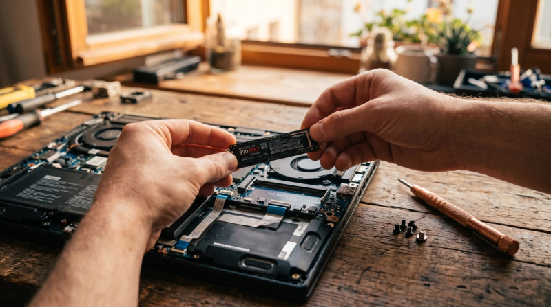 Hands holding a small SSD drive next to an open laptop on a workbench, copper screwdriver visible