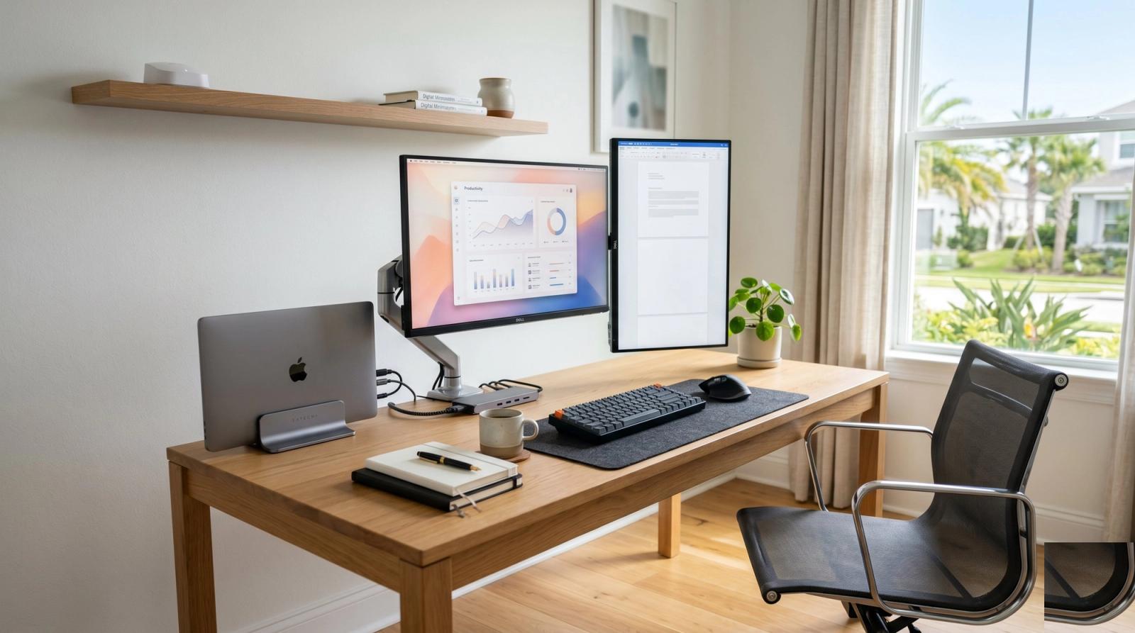 Modern home office desk in a sunlit Lake Nona living space with dual monitors and tidy cable management