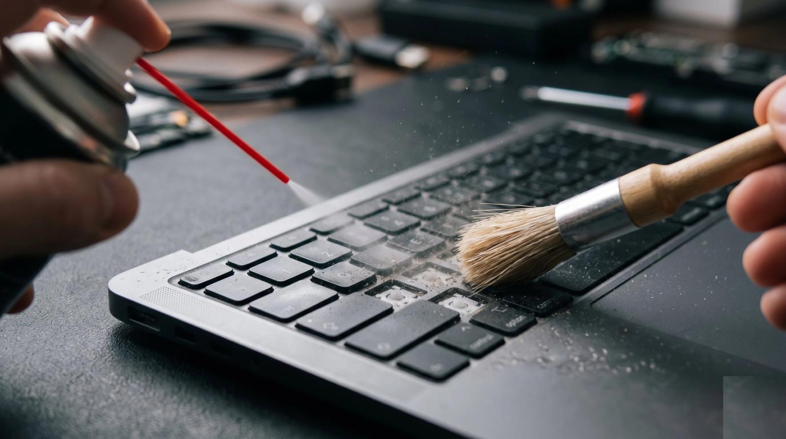 Hands using compressed air and a soft brush to clean dust out of a laptop keyboard on a repair bench