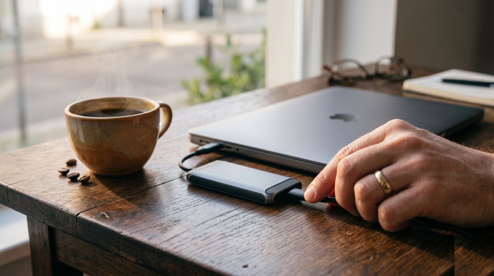 Hand plugging a USB-C cable into a compact external SSD connected to a closed laptop on a wooden desk beside a cup of coffee
