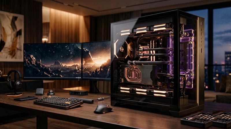 A custom gaming PC build glowing with RGB lighting inside a glass side panel case