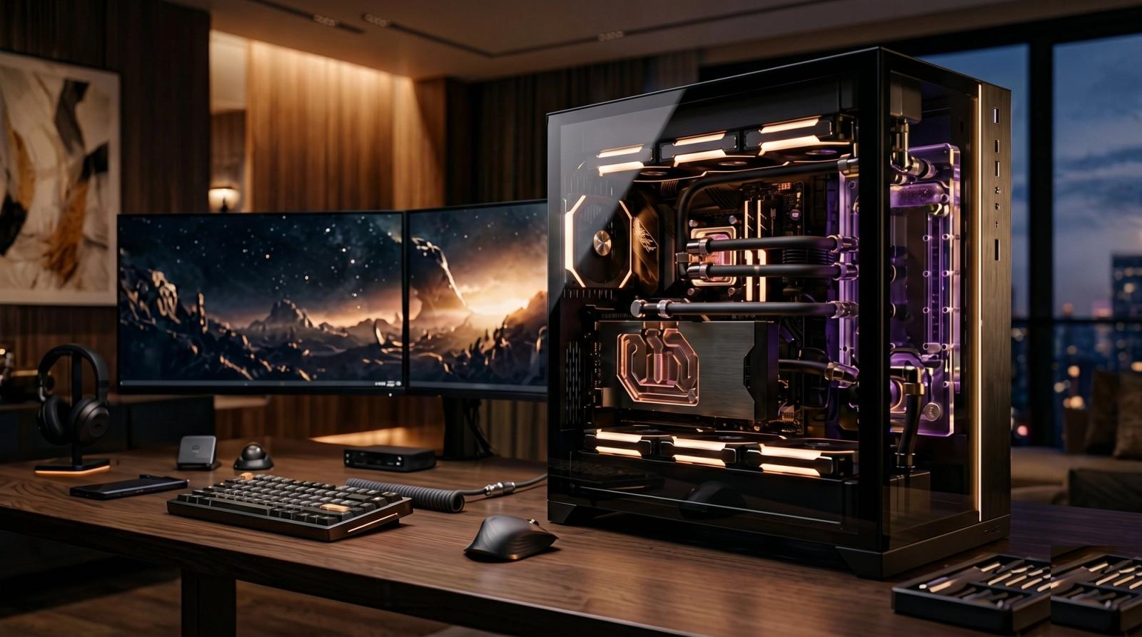 A custom gaming PC build glowing with RGB lighting inside a glass side panel case