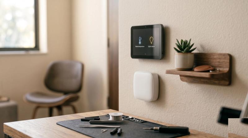 Wall-mounted smart home control panel showing temperature and lights status above a white wall hub, with electronics repair tools on a desk in the foreground