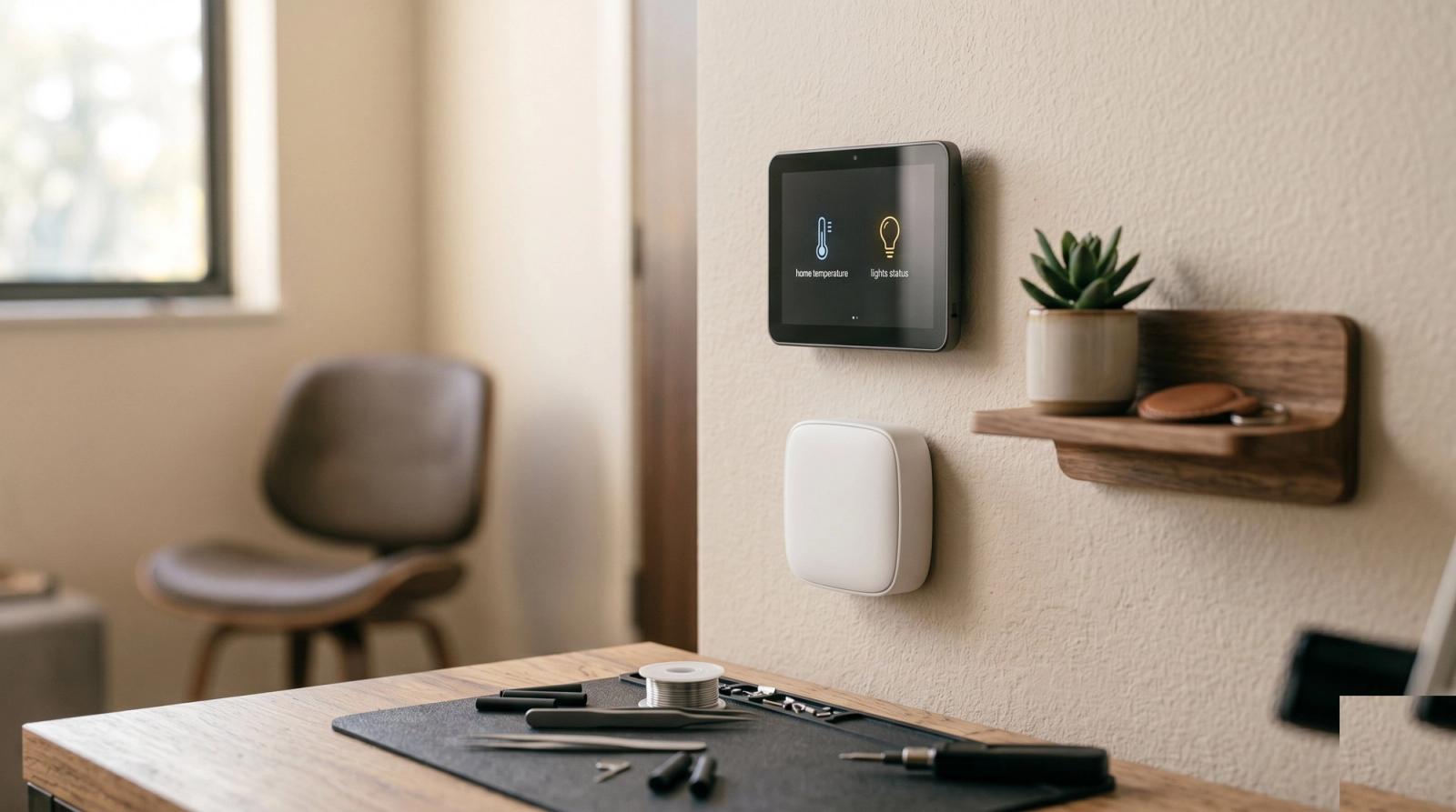 Wall-mounted smart home control panel showing temperature and lights status above a white wall hub, with electronics repair tools on a desk in the foreground