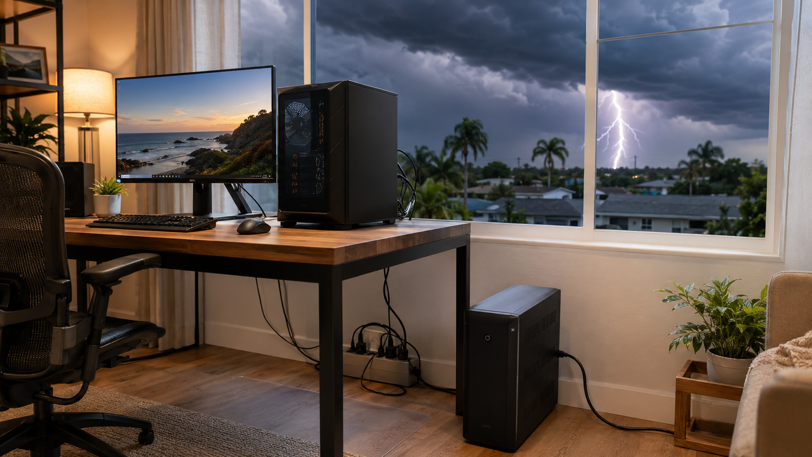 A UPS battery backup unit and surge protector connected to a desktop PC with a lightning storm visible through a window in the background