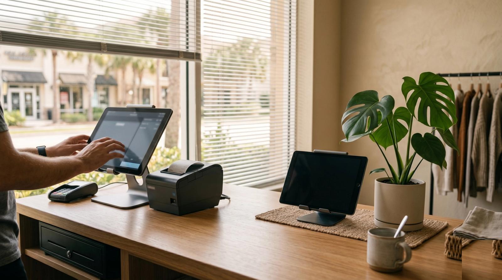 A shop owner using a touchscreen point of sale terminal at a wooden retail counter with a card reader, receipt printer, cash drawer, and tablet, with a Florida strip mall visible through the window