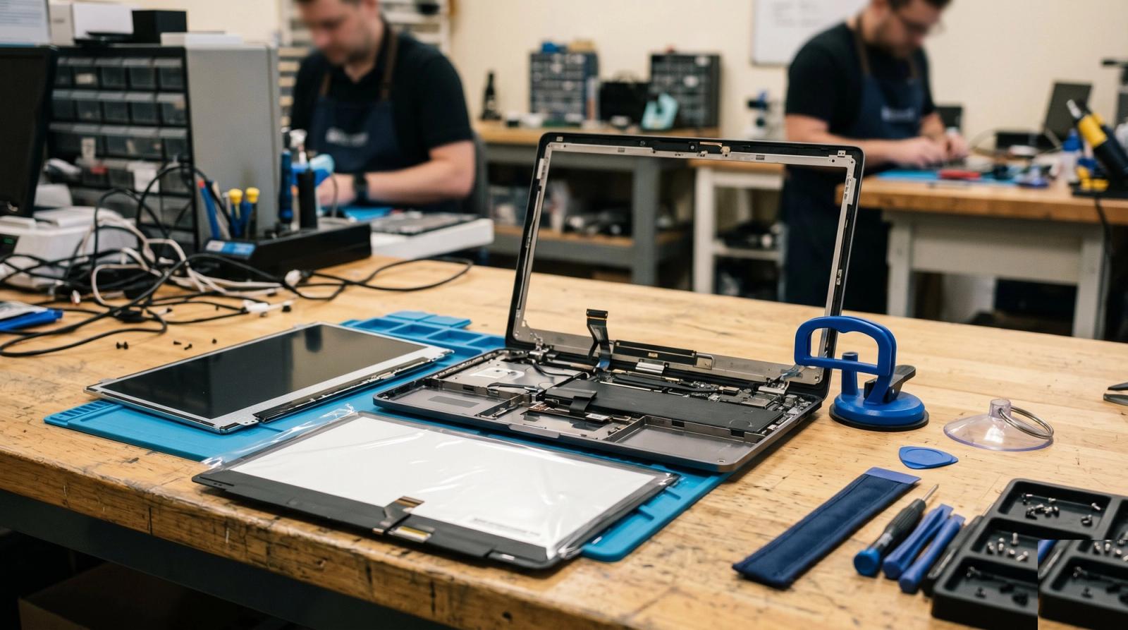 A laptop on a repair bench with its display assembly removed, the damaged panel set aside on a blue mat next to a replacement screen, with suction cup tools, plastic pry tools, and screwdrivers laid out and technicians working at benches in the background