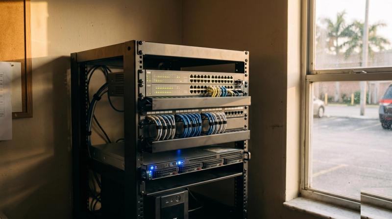 Open-frame network rack in a small Florida business back office holding two rack switches, a patch panel with blue and white cables, a rack server, and a battery backup unit, with palm trees visible through the window
