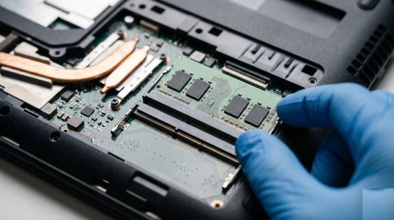 A technician wearing a blue glove installing a RAM memory module into an open laptop’s motherboard slot, with the copper heat pipe visible.