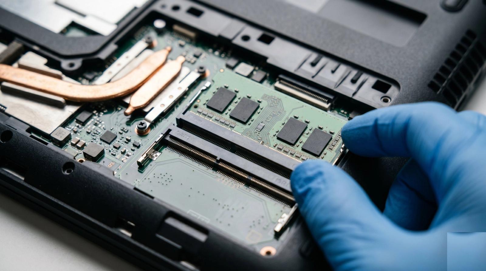 A technician wearing a blue glove installing a RAM memory module into an open laptop’s motherboard slot, with the copper heat pipe visible.