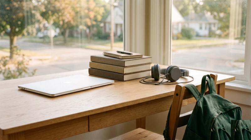 A laptop and school supplies arranged on a desk for a back-to-school study setup.